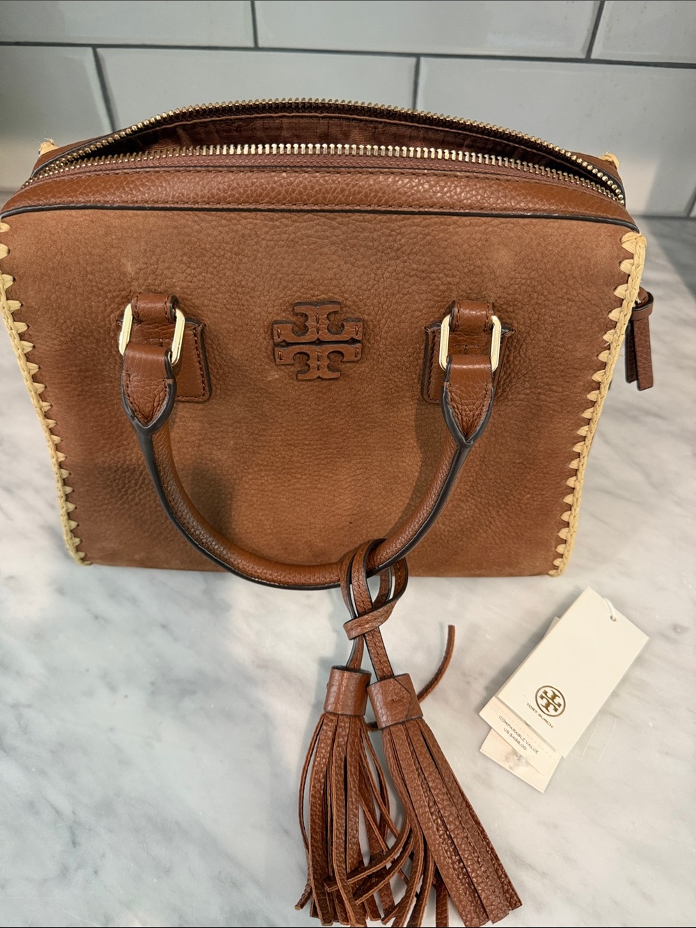 Tory Burch Brown Thea Whipstitch Web Small Satchel